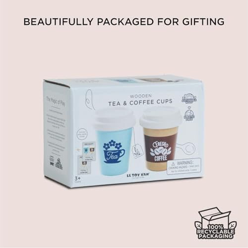 Le Toy Van - Take Away Coffee Cup and Tea Cup - Travel Mug Set - Kids Kitchen Accessories - Role Play Wooden Play Food - Toy Kitchen Accessories - Wooden Kitchen Toys - Age 2+ Years