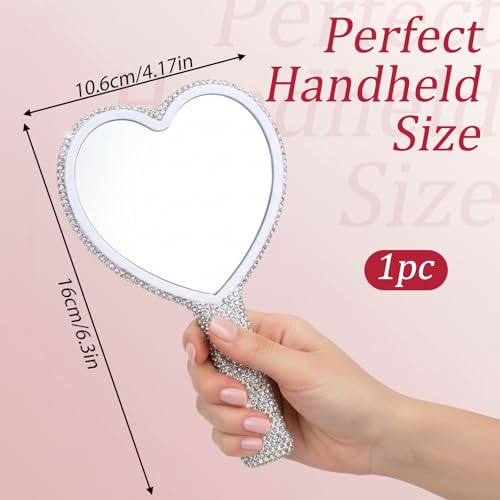 Rhinestone Handheld Mirror, Heart Shaped Hand Mirror Glitter Cosmetic Portable Cute Travel Makeup Lash for Women Wedding Silver White