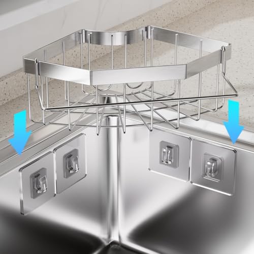 Sink Organizer, Silver Stainless Steel Sponge Holder with Towel Bar, Self-Adhesive Kitchen Storage Rack,Suitable for right-angle sinks
