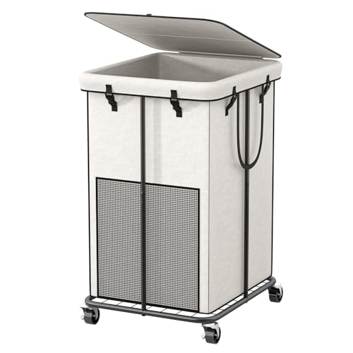 40 Gal Large Laundry Hamper with Lid, Rolling Laundry Basket with Wheels, Oxford Fabric Dirty Clothes Hampers with Removable Laundry Bag & Metal Frame for Bedroom, Laundry Room, Bathroom, Dorm(White) - color: White-2
