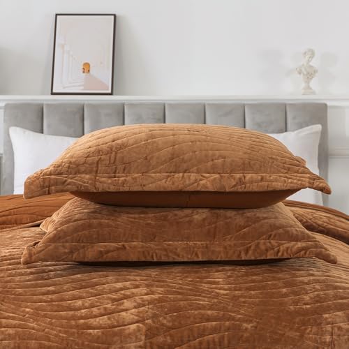 HoneiLife Velvet Quilts Queen Size - Lightweight Bedspreads 3-Pieces, Solid Coverlets Queen Quilt Bedding Sets, Wavy Quilt Sets for All Season Use-Camel - color: Camel-velvet, size: Queen/Full-90"x96"