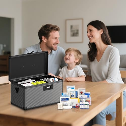 Medicine Lock Box with Code, Locking Medicine Box with Removable Tray & Pocket Bag, Portable First Aid Box for Home, 16 * 9.25 * 7.5 Inch (Black, X-Large-16inch) - size: X-Large-16inch