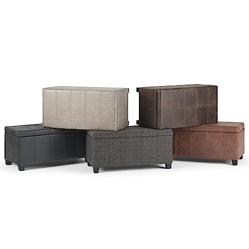 SIMPLIHOME Dover Storage Ottoman Bench - 36 inch Wide Upholstered Vegan Leather Rectangular Lift-Top Ottoman in Distressed Black, Contemporary Bench for Living Room with Safety Hinges - color: Distressed Black