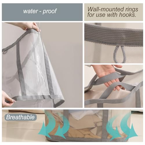 Mesh Bag with Handles, Collapsible Laundry Basket, Foldable Laundry Bag, Breathable Folding Beach Bag,Space-saving Travel Tote Bags (1, Grey) - color: Grey
