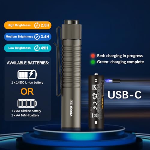 VTIGER T1A Mini Pocket EDC Flashlight with Clip,1300 Lumen Compact AA Rechargeable LED Little Flashlights, Super Bright Tail Switch Small Flash Light with Magnet for Camping,Hiking,Outdoor,Emergency - color: Brown