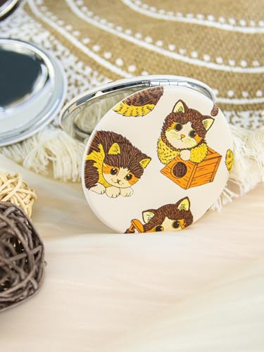 OMIRO 1X/10X Compact Magnifying Mirror, Unique Painting Pocket Mirror with Classical PU Leather (Round, Ginger Cat) - color: Ginger Cat