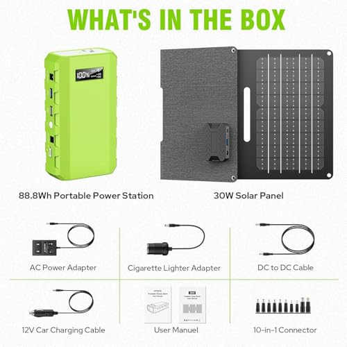 powkey 24000mAh/65W Solar Generator 30W with Panels Included, 88Wh Portable Power Station with AC Outlet, Lithium Battery Rechargeable Powered Bank with 110V AC Outlet for Emergency (Green+Black) - color: Green+black