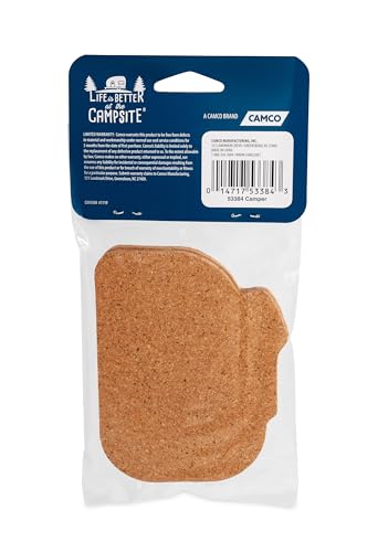 Camco Life is Better at The Campsite Coasters - Features Unique RV Themed Design & Crafted of Cork - Prevents Water Rings & Water Marks on Furniture - 2-Pack (53384)