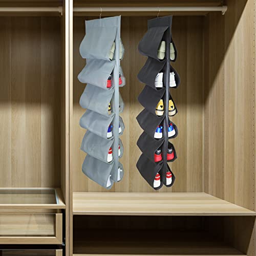 2 Pack 12 Large Pockets Hanging Shoe Organizer for Closet - Black | Rotating Hanger, for Men's Shoes, Kids Clothes, Travel Shoe Rack