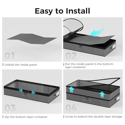 【4 compartments】2 Pack Under Bed Storage, Double Layer Extensible Underbed Storage Containers,Dust-free Clothes Storage Bins with Sturdy Sidewalls/Bottom,PVC Clear Window for Shoes Storage Organizer