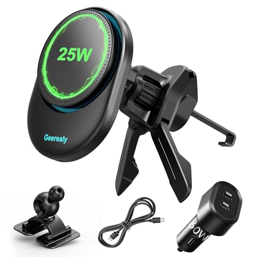 25W Magnetic Wireless Car Charger with Cooling Fan, MagSafe Car Mount Charger, Dashboard & Vent Attachment Phone Holder, 25W Fast Charging Car Cooling Phone Mount for iPhone 17/16, S26 Ultra