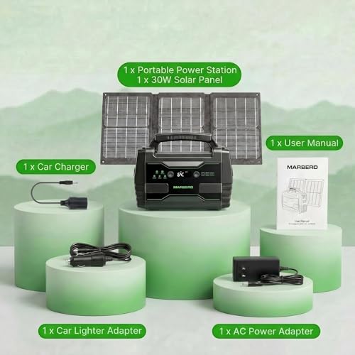 MARBERO Solar Generator 155Wh with 30W Solar Panel Portable Power Station with 2x 100W AC Outlets(Peak 150W), QC3.0 USB UL Certified for Home Blackout, Camping, RV Travel, Ultra-Light & Silent Fan - color: Green Black