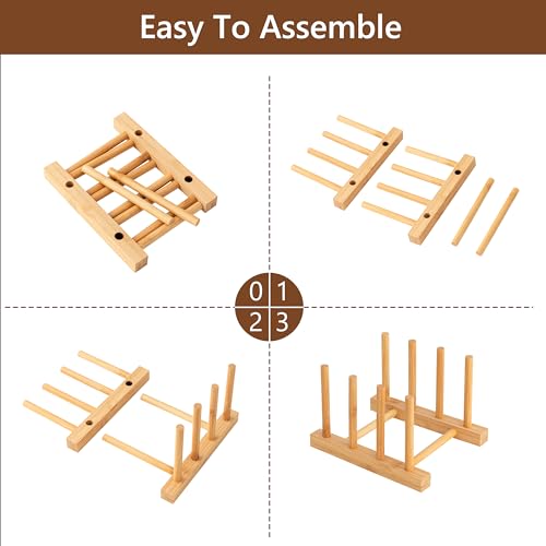 HBlife 2pcs Bamboo Dish Plate Bowl Cup Book Pot Lid Cutting Board Drying Rack Stand Drainer Storage Holder Organizer Kitchen Cabinet(Keep Dry) - color: Bamboo 3 Slots 2pcs