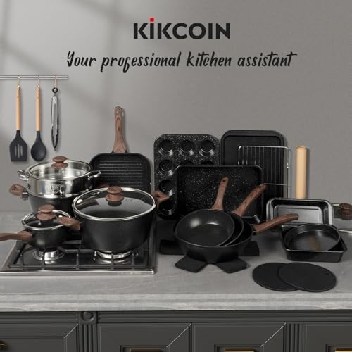 Kikcoin Pots and Pans Set Non Stick 31 Piece Kitchen Nonstick Cooking Cookware Sets with Grill Pan Saucepan Baking Sheet Utensil, Black - color: Black