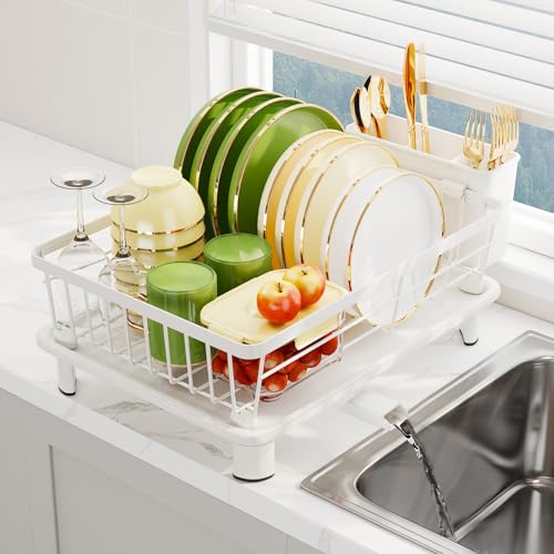 Dish Drainer Rack with Drip Tray, Sink Dish Drainer with Drainage Spout, Stainless Steel Dish Drying Rack with Cups, Utensil & Cutting Board Holders for Kitchen Counter Space-Saving, White - color: White
