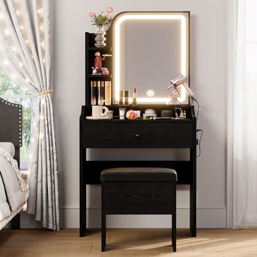 LIKIMIO Small Makeup Vanity Desk with Mirror and Lights, Vanity Table Set with Storage Drawer, Chair and Three Shelves, Bedroom, Black - color: Black