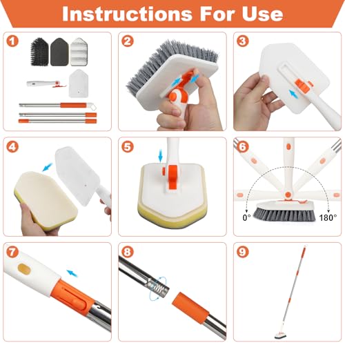 Long Handled Scrub Brush for Shower,3-in-1 Cleaning Brushes with 3 Different Function Cleaning Heads Brush for Shower Cleaning Bathroom Kitchen Walls Tub Tile - color: Orange