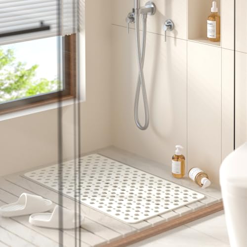 HITSLAM Bathtub Mat Non Slip, 30 x 17 Inch TPE Bath Mat for Tub, Efficient Drainage Bathroom Shower Mat with Suction Cups, Bath Tub Mat, Soft on Feet and Easy to Clean, White - color: White, size: 30" x 17" (Rectangular)