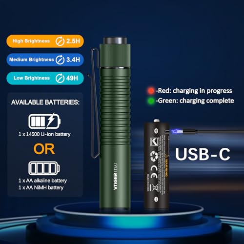 VTIGER T1A Mini Pocket EDC Flashlight with Clip,1300 Lumen Compact AA Rechargeable LED Little Flashlights, Super Bright Tail Switch Small Flash Light with Magnet for Camping,Hiking,Outdoor,Emergency - color: OD Green