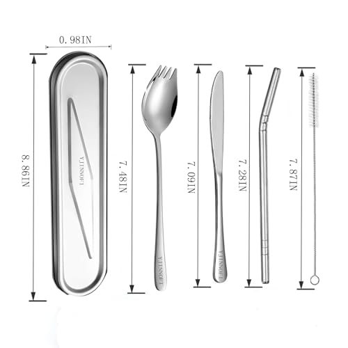 Travel Utensils Set with Steel Case, 6-Piece 18/8 Stainless Steel Spork and Reusable Straw Kit, Silent Locking Design, Portable Silverware for Camping, Office & Eco-Friendly Travel