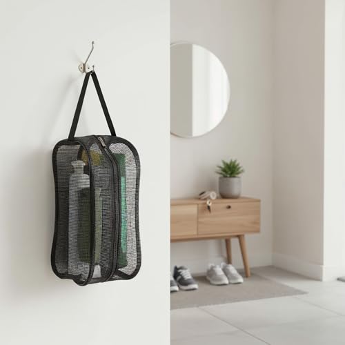 Mesh Shower Caddy Bag for Bathroom Gym Black Portable Toiletry Organizer Gym Shower Mesh Bag Quick Dry Tote Bags with Zipper for Hanging Women Men Dorm Camping Swimming Beach