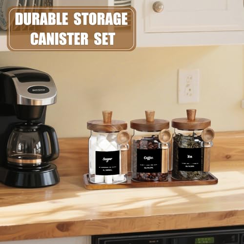 Suclain 3 Pcs Glass Coffee Container with Wooden Lid Spoon Shelf Labels Clear Airtight Jar Food Storage Canister Set for Sugar Spice Coffee Bean Holder Housewarming Gift(20 oz,Acacia Brown) - size: 20 oz