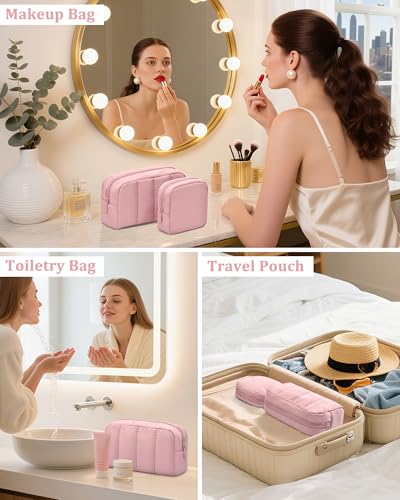 oscaurt 2 Pcs Makeup Bag Travel Toiletry Bag for Women Puffy Padded Cosmetic Pouch Purse Wide-open Makeup Organizer Case Travel Essentials - color: Deep Pink-Set