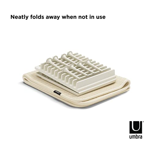 Umbra Udry Dish Rack with Movable Pegs and Microfiber Drying Mat – Space-Saving Design Folds Up for Easy Storage, Basic Rack, Linen