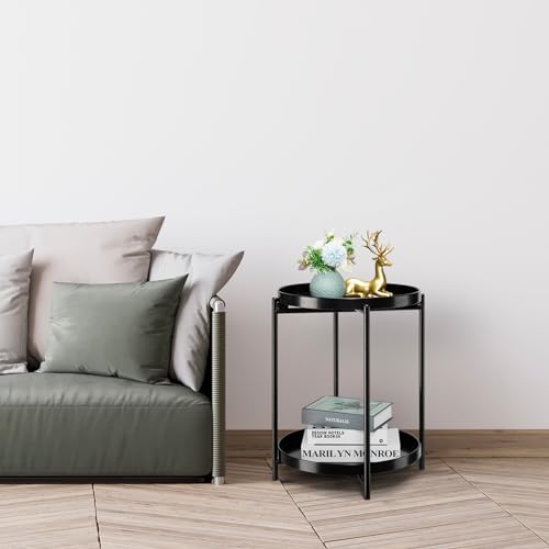 danpinera 2-Tier Round Side Table, Metal End Table with Removable Tray, Small Outdoor Table Accent Table, Anti-Rust Black Nightstand for Bedroom Balcony Patio (Black) - color: Black