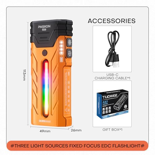 EDC Rechargeable Flashlight 3250 Lumens with RGB Light,55 Modes Multifunctional Flat Flashlight with Floodlight,Spotlight and Magnetic Base,Waterproof USB C Flashlight for Camping,Home,Emergencies - size: Orange
