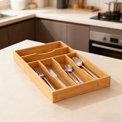 Bamboo Silverware Organizer, Bamboo Kitchen Drawer Cutlery Organizer, Utensil Holder, Flatware Organizer Tray (15.8"x9.5"x1.6") - size: Medium