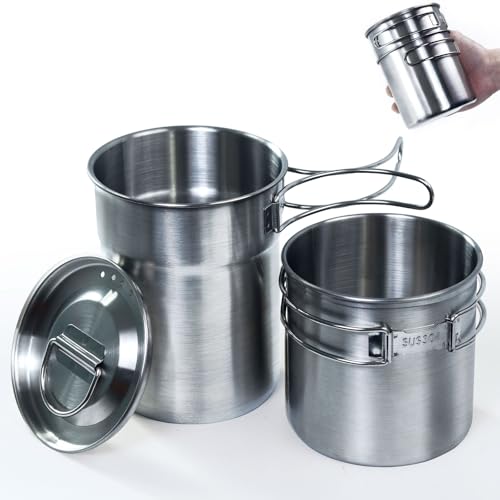KOKKOYA Foldable Camping Cups Mugs Camping Pot Cookware 304-Food-Grade Outdoor Camp Cooking Set with Vented lid,Stainless Steel Backpacking Cookware for Hunting - color: silvery