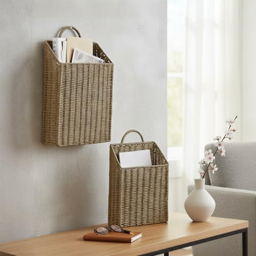 Rectangular Wicker Hanging Baskets, Set of 2, Small and Large, Handwoven Seagrass, Durable Metal Wire Frame, Multipurpose and Contemporary, Perfect for Organizing Newspapers, Mail and More, Natural