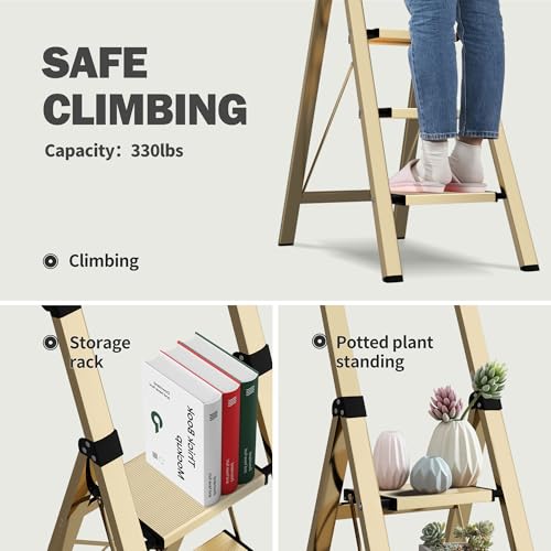 4 Step Ladder, Lightweight Folding Step Stool with Anti-Slip Aluminum Wide Pedal& Convenient Handgrip, 330lbs Capacity Steel Ladder for Household and Office (Gold) - color: Gold, size: 4 Step