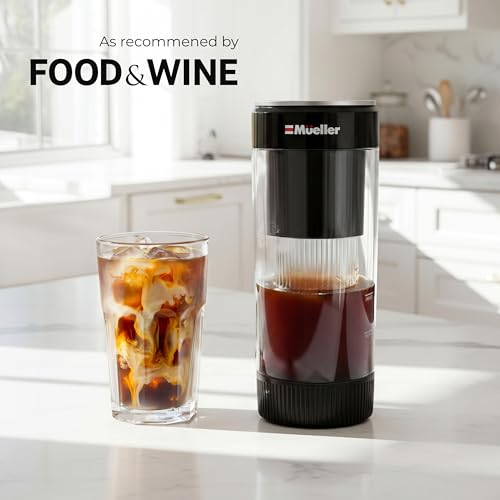 Mueller RapidBrew Cold Brew Iced Coffee Maker – 10 Min Fast Brew Portable Rechargeable Cold Brew Machine for Coffee & Tea – Adjustable Strength 10-99 Min – 20 Servings Per Charge, Black Coffee - color: Black