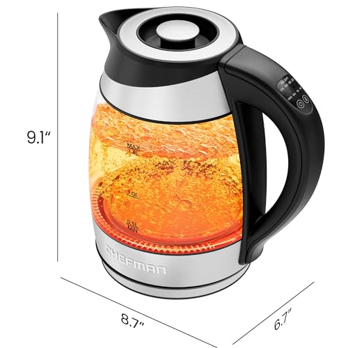 Chefman Electric Kettle with Temperature Control, 5 Presets LED Indicator Lights, Removable Tea Infuser, Glass Tea Kettle & Hot Water Boiler, 360° Swivel Base, BPA Free, Stainless Steel, 1.8 Liters - size: 1.8L