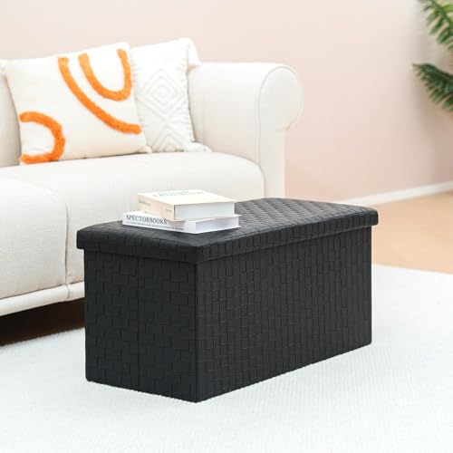 B FSOBEIIALEO Folding Storage Ottoman, Faux Leather Footrest Seat Long Bench Chest, Black 30"x15"x15" - color: Black, size: Large