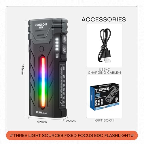 EDC Rechargeable Flashlight 3250 Lumens with RGB Light,55 Modes Multifunctional Flat Flashlight with Floodlight,Spotlight and Magnetic Base,Waterproof USB C Flashlight for Camping,Home,Emergencies - size: Black