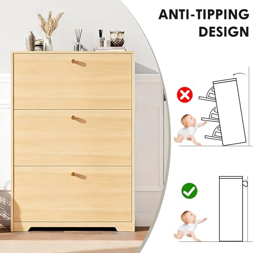 Nicetree Shoe Cabinet with 3 Flip Drawers,Freestanding Shoe Storage Cabinet, Narrow Shoe Organizer Cabinet, Farmhouse Slim Shoe Rack Cabinet for Entryway,Natural Oak with Hook - color: Natural Oak, style: 3-Drawers with Hook