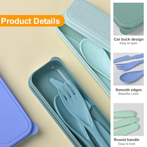 Travel Utensils Set with Case, Camping Utensils Wheat Straw Reusable Utensils Set With Case, Knife Fork and Spoon Utensils for Lunch Box (6 Pack) - color: Green, Light green, Blue, Light blue, Orange, Yellow