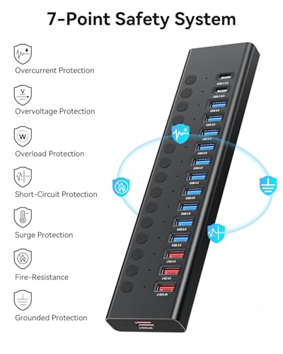 Powered USB Hub, AGEEN 16-Port USB 3.0 Hub (10 USB-A 3.0+2 QC 24W Fast Charging+2 Smart Charging+2 USB-C 3.0 Ports), 12V/8A 96W UL Certified Power Adapter for PC, Laptop, HDD, Flash Drive (16-Port) - size: 16-Port