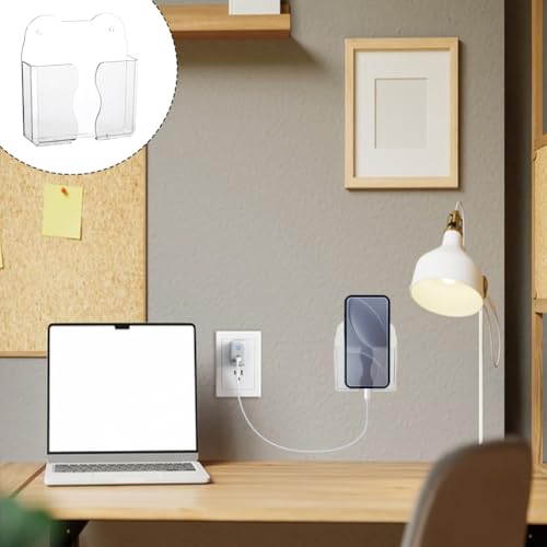 AHANDMAKER 6pcs Wall Mounted Phone Holder Clear Adhesive with Charging Hole PET Shelf Stand Universal Bedside Organizer Kitchen Shower Mount for Home Office RV Wall Phone Storage Organizer