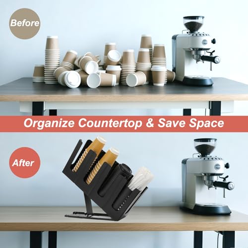 Paper Cup and Lid Holder with Straw Organizer,4 Compartment Adjusting,Coffee Cup Dispenser for Countertop,Coffees Station,Bar Restaurant,Black