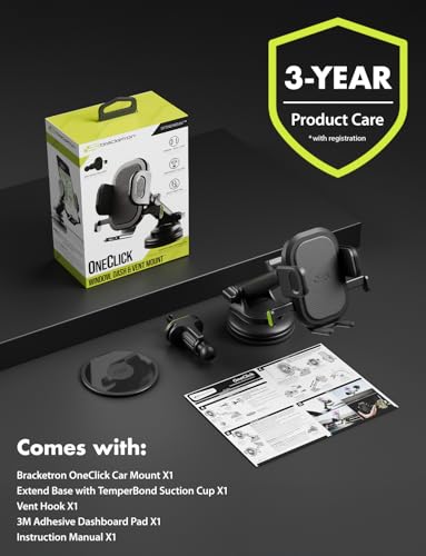 Bracketron Easy OneClick 3-in-1 Universal Car Phone Mount - Dashboard, Windshield & Air Vent Cell Phone Holder for Truck - Hands-Free Clamp, Heavy Duty Suction Cup, 360 Rotation Telescoping Arm - style: Dashboard & Windshield & Air Vent
