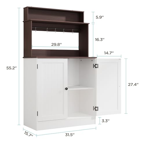 MHOM Farmhouse Bar Cabinet with Storage, Coffee Station Cabinet with 5 Hooks, Small Coffee Bar for Kitchen & Living Room, Antique White - color: White