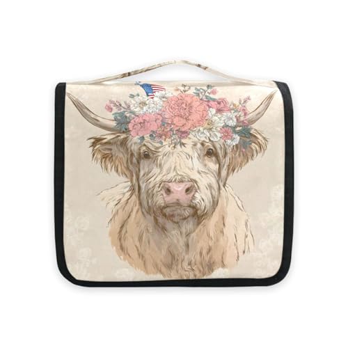 Retro Flower Highland Cow Hanging Toiletry Makeup Bag Travel Organizers Toiletries Cosmetics Bag for Women - color: Flower Highland Cow