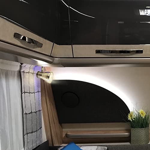 THALASSA RV Overhead Reading Light 12V LED Spotlight Camper Motorhome Interior Warm Light Brushed Nickel with Blue Small Reminder Light, Adjustable Touch Dimmer Switch 3W DC 10-30V - color: Brushed Nickel Finish