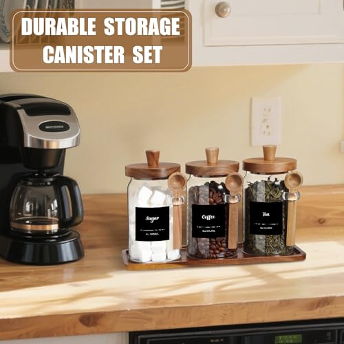 Suclain 3 Pcs Glass Coffee Container with Wooden Lid Spoon Shelf Labels Clear Airtight Jar Food Storage Canister Set for Sugar Spice Coffee Bean Holder Housewarming Gift(25 oz,Acacia Brown) - size: 25 oz