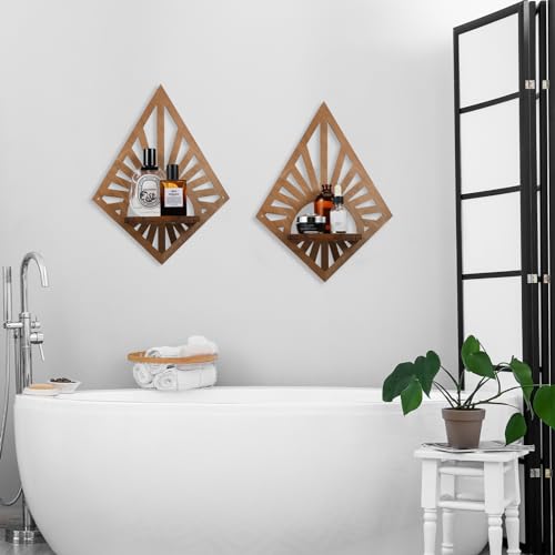 Menkxi 2 Pcs Boho Floating Shelves Wood Bohemian Decorative Display for Plants and Candles Boho Wall Art for Bedroom Living Room Bathroom Mini Mounted Plant Decor 14.17 x 10.63 Inch(Diamond)