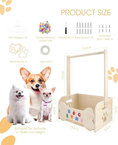 Personalized Dog Wardrobe for Small Dogs – Wooden Clothes Rack with 10 Hangers, DIY Name Plate & Toy Bin | Unique Dog Mom Gift for Chihuahua Yorkie Pomeranian